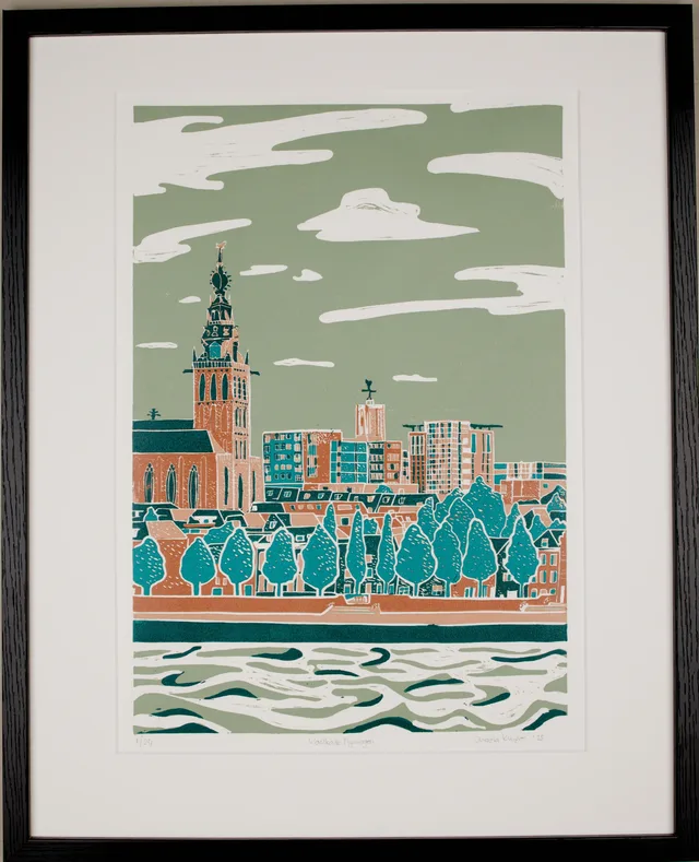 Waalkade Nijmegen Linoprint Stevenskerk
