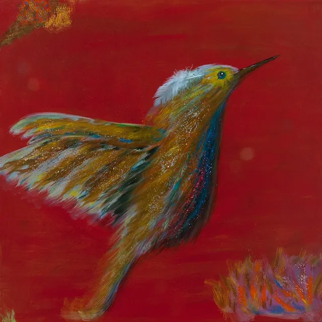 vogels veren waves glittertjes olieverf margrietmonks.nl