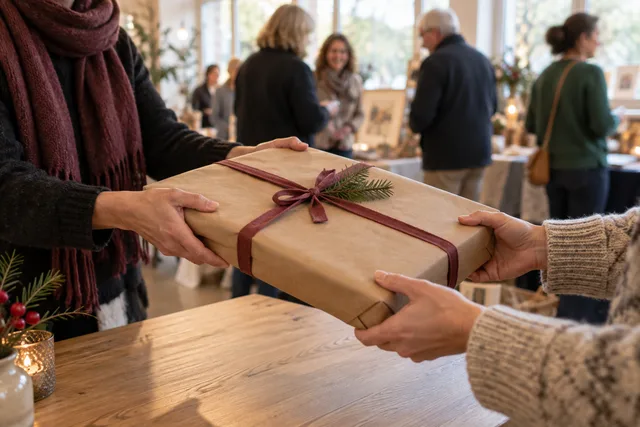 Een cadeau in bruin papier met een rood lint wordt overhandigd, als inspiratie voor de feestdagen
