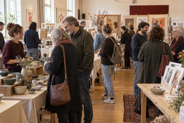 AI-sfeerimpressie van bezoekers en makers op een lokale kunstmarkt