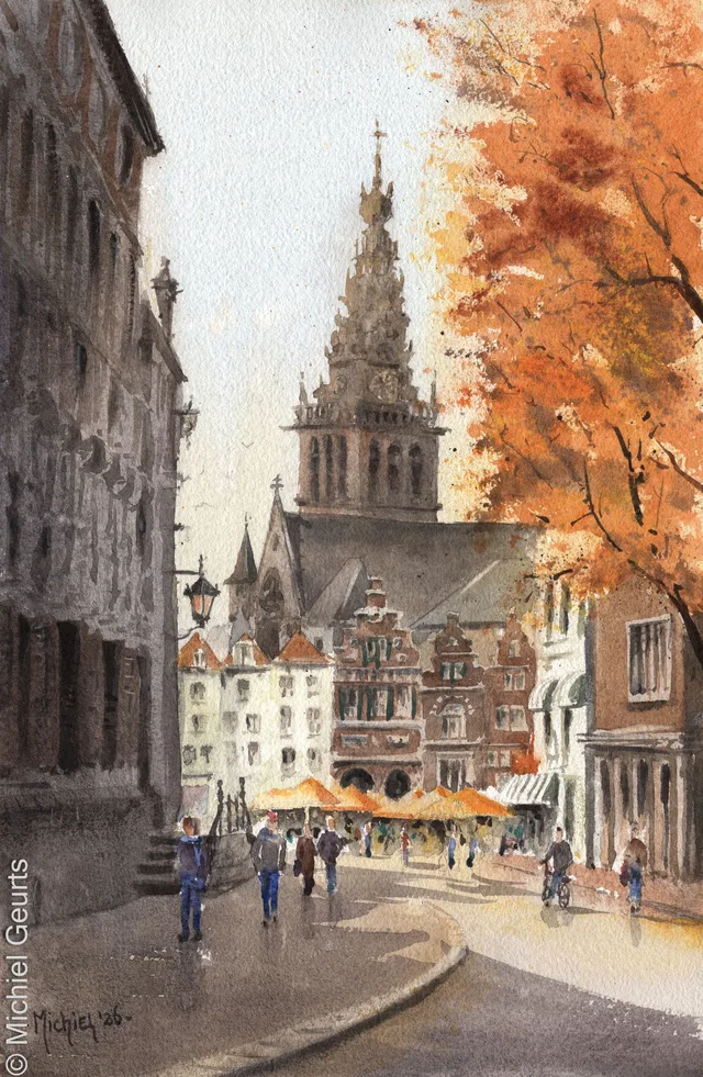 Grote Markt - aquarel van Michiel Geurts