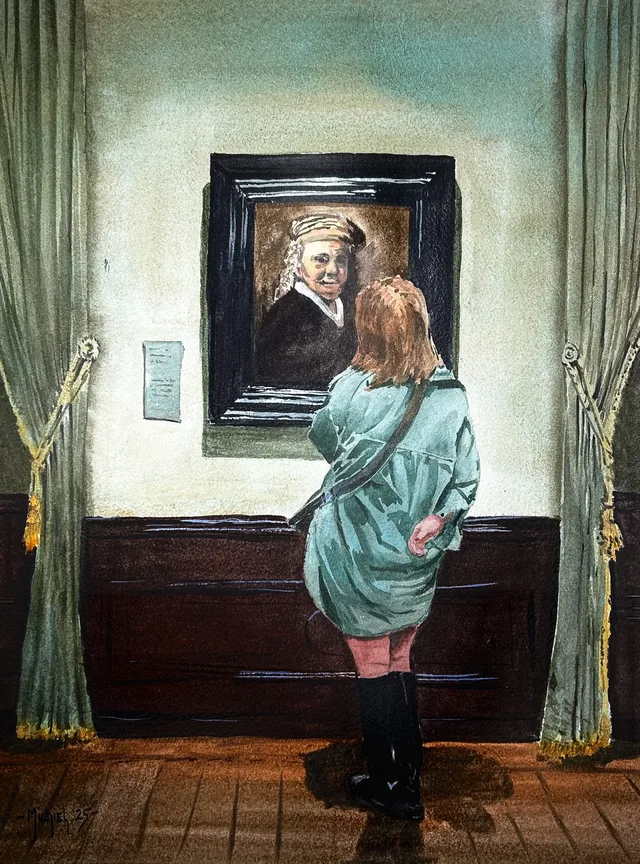 Een moment met Rembrandt - aquarel van Michiel Geurts