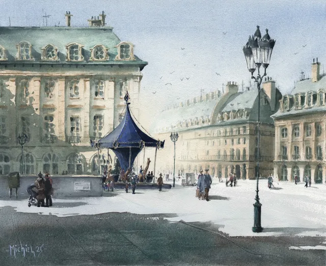 Winter Ligth over Place Vendôme - aquarel van Michiel Geurts