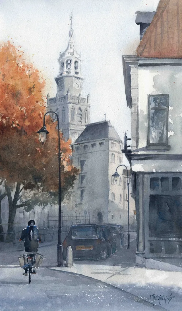 Herfstochtend aan de Hoge Gouwe - aquarel van Michiel Geurts