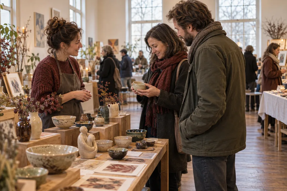 AI-sfeerimpressie van bezoekers in gesprek met een keramiekmaker op een kunstmarkt